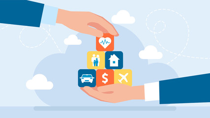 Broker agent. Protection of values. Insurance and Assurance. Life, property, car, health, family, travel, home, business insurance concept. Family protection care. Flat design. Vector illustration.