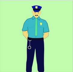 flat illustration. a policeman in a blue shirt and blue trousers with a mustache and handcuffs on his belt