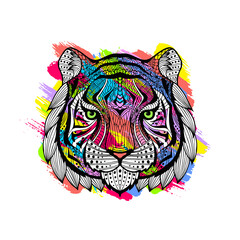 Portrait of a tiger on a watercolor colorful grunge background. Tiger head pattern. Colored brush strokes. Doodle, boho ethnic style. Tribal ornament painted by hand. Series ethnic animals. Vector