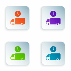 Color Logistics delivery truck and time icon isolated on white background. Delivery time icon. Set colorful icons in square buttons. Vector