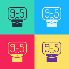 Pop art From 9:00 to 5:00 job icon isolated on color background. Concept meaning work time schedule daily routine classic traditional employment. Vector