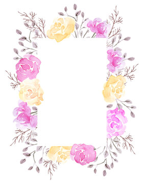 Watercolor floral frame of pink and yellow roses flowers isolated on white background. Design element for greeting card.
