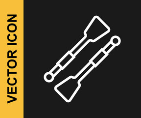 White line Oars or paddles boat icon isolated on black background. Vector