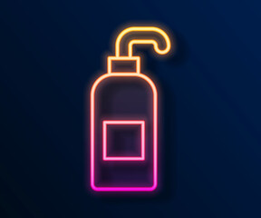 Glowing neon line Bottle of liquid antibacterial soap with dispenser icon isolated on black background. Antiseptic. Disinfection, hygiene, skin care. Vector