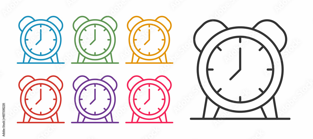 Poster set line alarm clock icon isolated on white background. wake up, get up concept. time sign. set icon