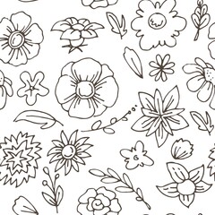 Beautiful funny flower. Seamless pattern. Cute simple cartoon style. Outline sketch. Hand drawing is isolated on a white background. Vector