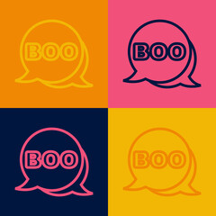 Pop art line Boo speech bubble icon isolated on color background. Happy Halloween party. Vector