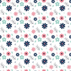 Seamless pattern with flowers and leaves isolated on white background. Vector illustration for banners, posters, social media stories, greeting cards and cover design templates.