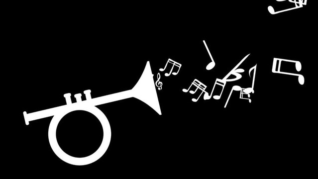 Trumpet playing by shooting musical notes. Animated illustration on black background, seamless loop.