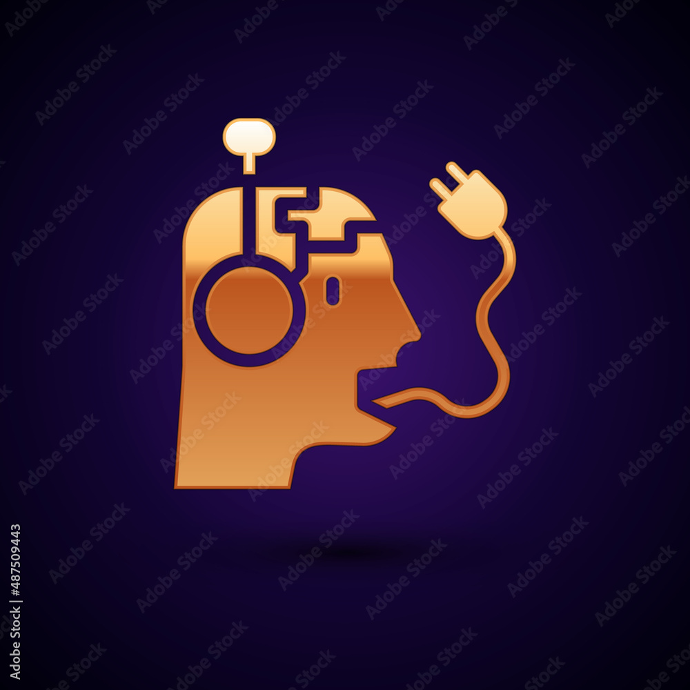 Poster gold robot charging battery icon isolated on black background. artificial intelligence, machine lear
