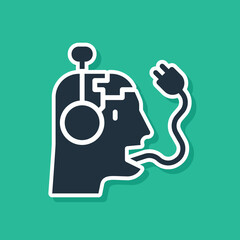 Blue Robot charging battery icon isolated on green background. Artificial intelligence, machine learning, cloud computing. Vector