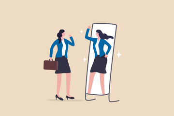 Self confidence and self esteem, motivation to success, positive thinking to boost confident and believe in yourself concept, businesswoman look at her strong confidence reflection in the mirror. - obrazy, fototapety, plakaty