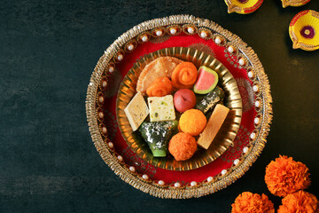 Diwali sweets Gujiya peda barfi Motichoor Laddu Jalebi kaju katli Indian sweet festival dish mithai...