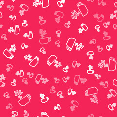 White line Chamomile tea icon isolated seamless pattern on red background. A useful therapeutic drink from flowers of chamomile medicinal. Vector