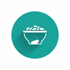 White Date fruit in bowl icon isolated with long shadow background. Green circle button. Vector