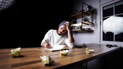 Disappointed caucasian male tearing out a page from his notebook sourrounded by crumpled ball of paper with old ideas on his desktop in modern professional studio During creativity crisis