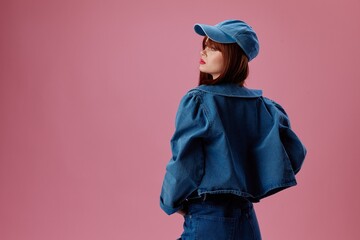 Beauty Fashion woman denim cap red lips glamor fashion pink background unaltered