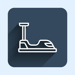 White line Bumper car icon isolated with long shadow background. Amusement park. Childrens entertainment playground, recreation park. Blue square button. Vector