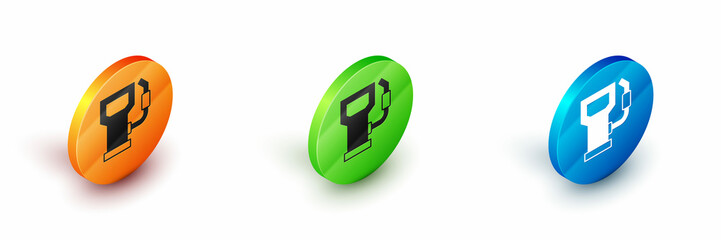 Isometric Petrol or gas station icon isolated on white background. Car fuel symbol. Gasoline pump. Circle button. Vector