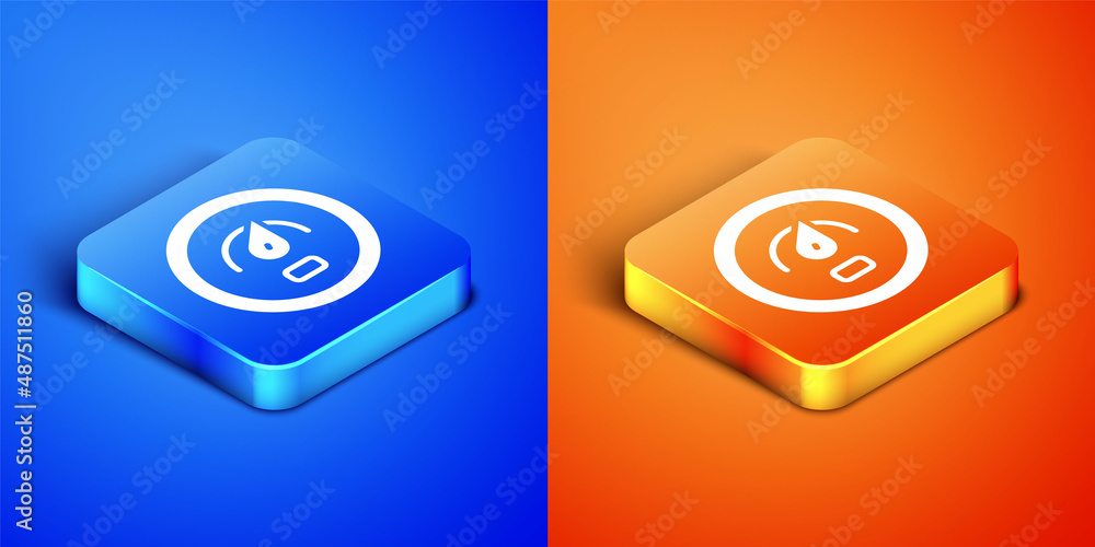 Poster isometric digital speed meter concept icon isolated on blue and orange background. global network hi
