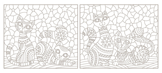 Set of outline illustrations in the style of stained glass with abstract cats , dark outlines on white background
