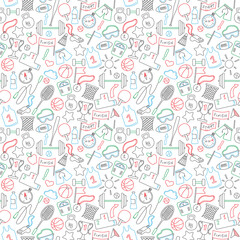 Seamless background on a theme sports and exercise, colored markers on white background