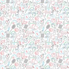 Seamless background on a theme sports and exercise, colored markers on white background