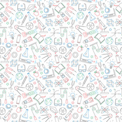 Seamless pattern on the theme of the subject of physics education, simple dark contour icons painted with colored markers on white background