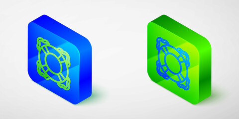 Isometric line Lifebuoy icon isolated on grey background. Lifebelt symbol. Blue and green square button. Vector