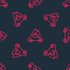 Red line Burning car icon isolated seamless pattern on black background. Car on fire. Broken auto covered with fire and smoke. Vector