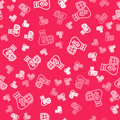 White line Money bag with shield icon isolated seamless pattern on red background. Insurance concept. Security, safety, protection, protect concept. Vector