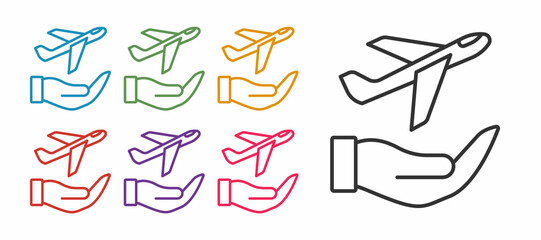 Set line Plane in hand icon isolated on white background. Flying airplane. Airliner insurance. Security, safety, protection, protect concept. Set icons colorful. Vector