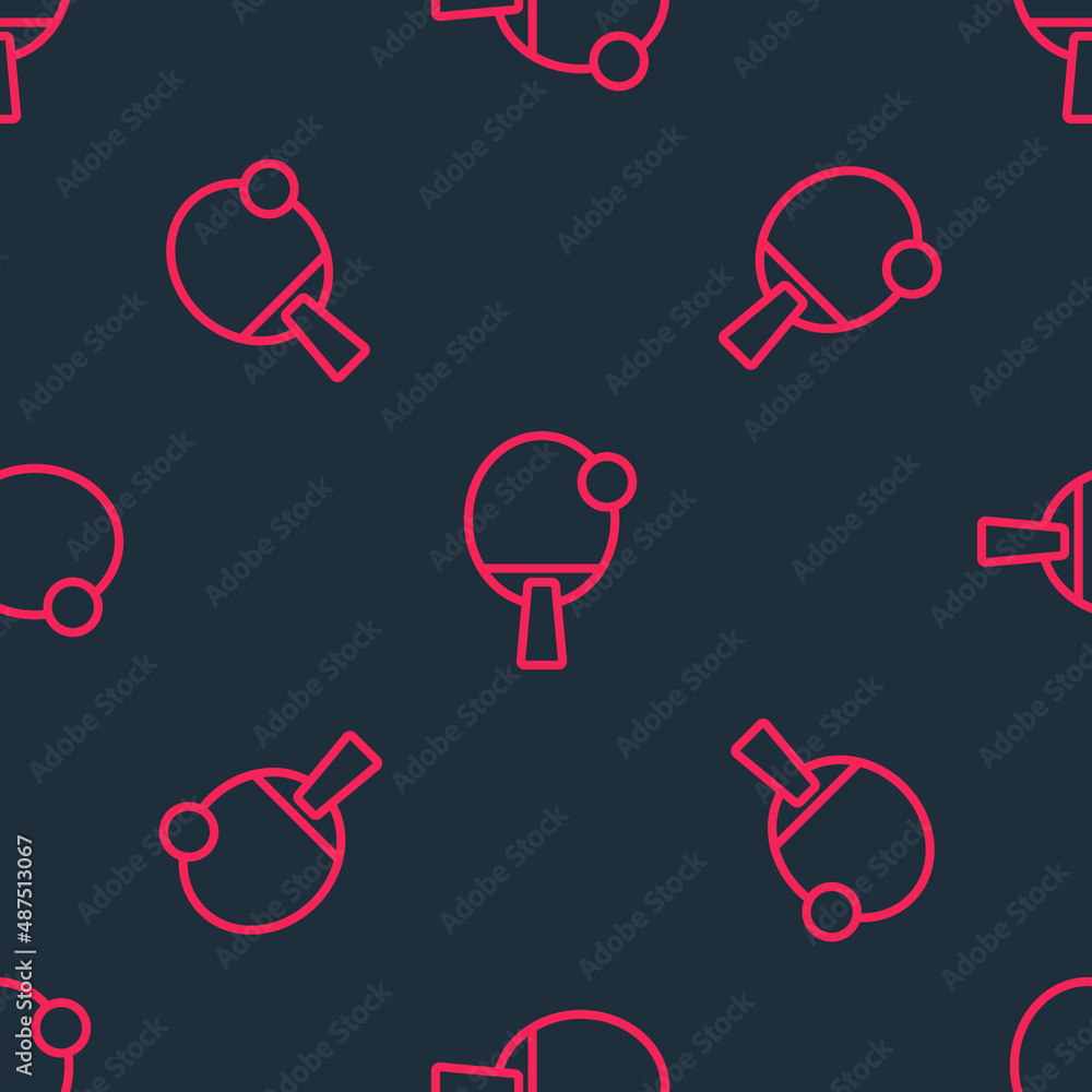 Aufkleber red line racket for playing table tennis icon isolated seamless pattern on black background. vector