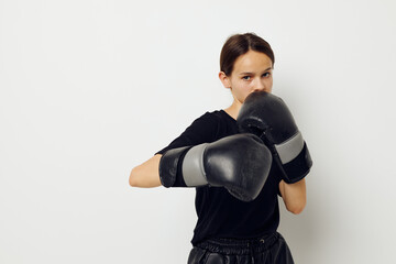 photo pretty girl boxing black gloves posing sports Lifestyle unaltered