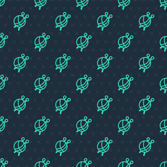 Green line Yarn ball with knitting needles icon isolated seamless pattern on blue background. Label for hand made, knitting or tailor shop. Vector