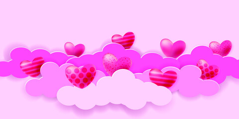 Flying hearts. Blue sky, white clouds and decorated pink hearts. Paper cut style. Holiday background for Valentine's day, Wedding, Mother's Day