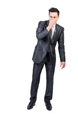 Businessman feeling bad smell in studio. White background.