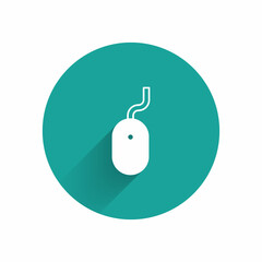 White Computer mouse icon isolated with long shadow background. Optical with wheel symbol. Green circle button. Vector