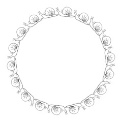 Vector round border, frame of outline cute snails in doodle style. Simple background, decoration for Natural design, kids theme