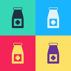Pop art Medicine bottle and pills icon isolated on color background. Bottle pill sign. Pharmacy design. Vector