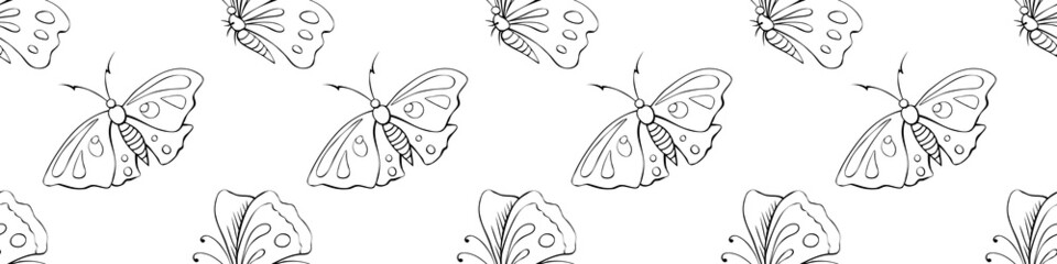 Vector seamless pattern of black outline cute butterflies in Doodle style. Cute cartoon beautiful insects. Background and texture on theme of nature, spring, summer, children print, isolated