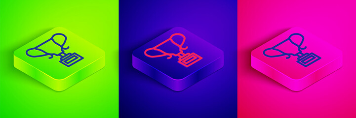 Isometric line Award cup icon isolated on green, blue and pink background. Winner trophy symbol. Championship or competition trophy. Sports achievement sign. Square button. Vector