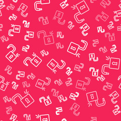 White line Open padlock icon isolated seamless pattern on red background. Opened lock sign. Cyber security concept. Digital data protection. Vector