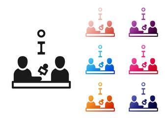 Black Interview with a famous person icon isolated on white background. Television or internet broadcast where a journalist talks to a celebrity. Set icons colorful. Vector