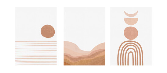 Set of three pastel posters with rainbow and abstract shapes, mountain landscape and sea vector illustration. Minimal Nordic art print. Abstraction design for background, wallpaper, card, wall art