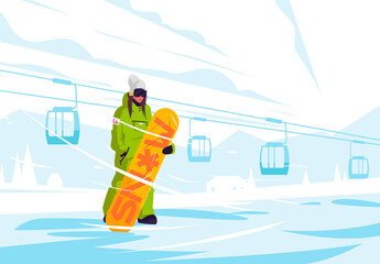 vector illustration in a ski combo on a mountain slope with a snowboard against the background of winter mountains with funiculars