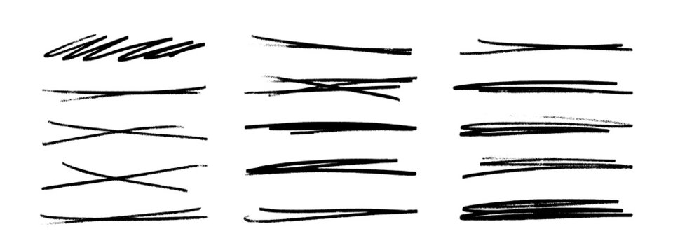 A set of strikethrough underlines. Brush stroke markers collection. Vector illustration of crossed scribble lines isolated on white background.