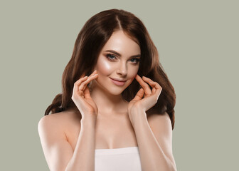 Fototapeta premium long, hair, curly, brunette, woman, beautiful, beauty, bright, brown, care, clean, color, cosmetic, cosmetics, eyes, face, fashion, female, girl, glamour, glossy, haircare, hairstyle, happy, health, 