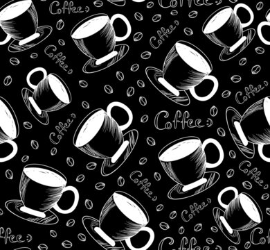 Food and drink vector seamless pattern with coffee cups, coffee beans and the text "Coffee"	
