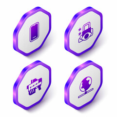 Set Isometric Mobile phone, Cyber security, Futuristic weapon and Global technology icon. Purple hexagon button. Vector